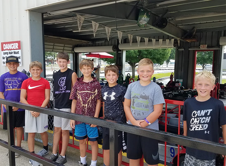 kids church group at go kart track at thunder road